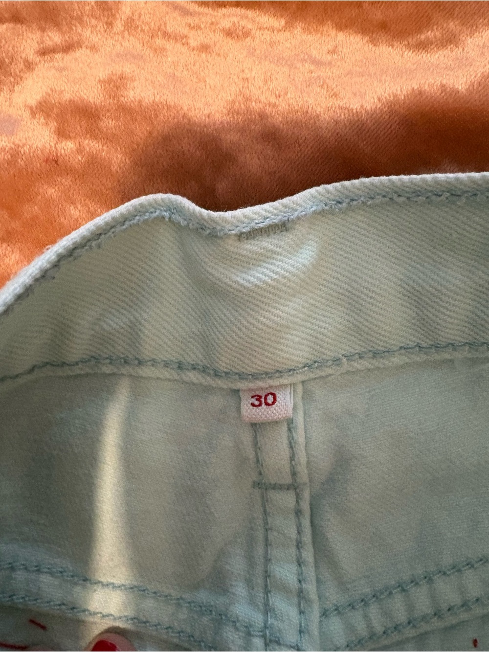 Light Green 100% Cotton High Waisted Ankle Jeans with Vintage Red Pom Trim - Picture 8 of 10